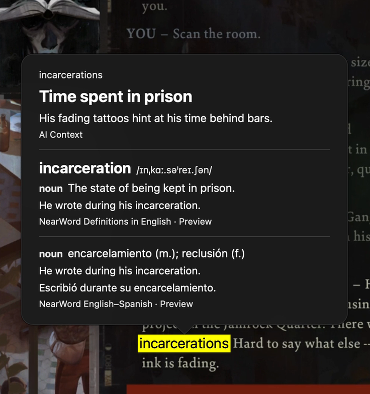 NearWord definition and Spanish translation of incarcerations beside the Disco Elysium dialogue