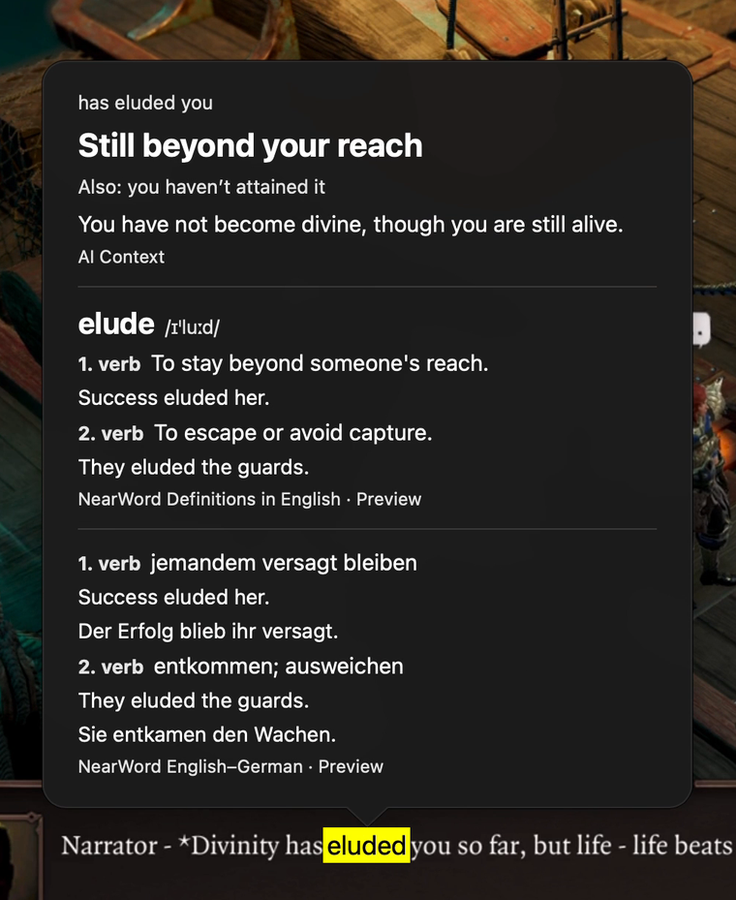 Was bedeutet eluded in Divinity: Original Sin 2? NearWord erklärt den Satz des Erzählers.