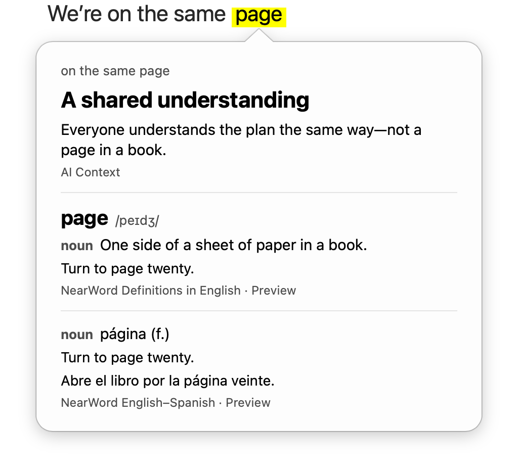 NearWord AI Context explaining what the idiom on the same page means in the sentence.
