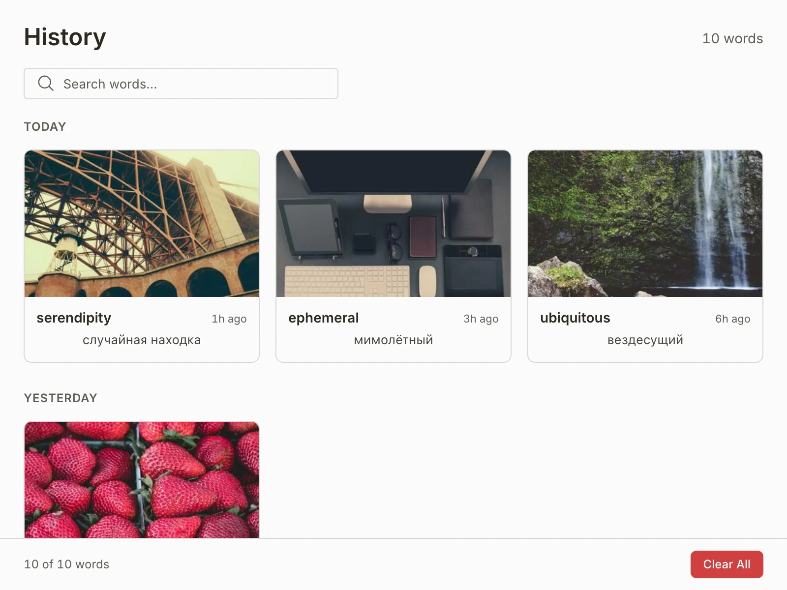 NearWord history view with previously saved vocabulary entries.