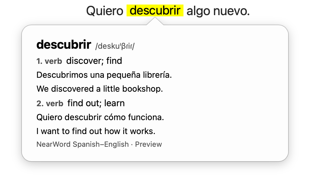 Two meanings of descubrir, with English translations and examples in NearWord.