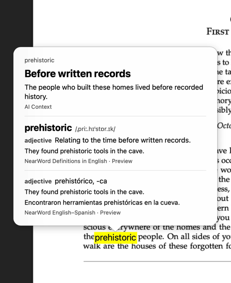 NearWord definition and Spanish translation of prehistoric beside a PDF page